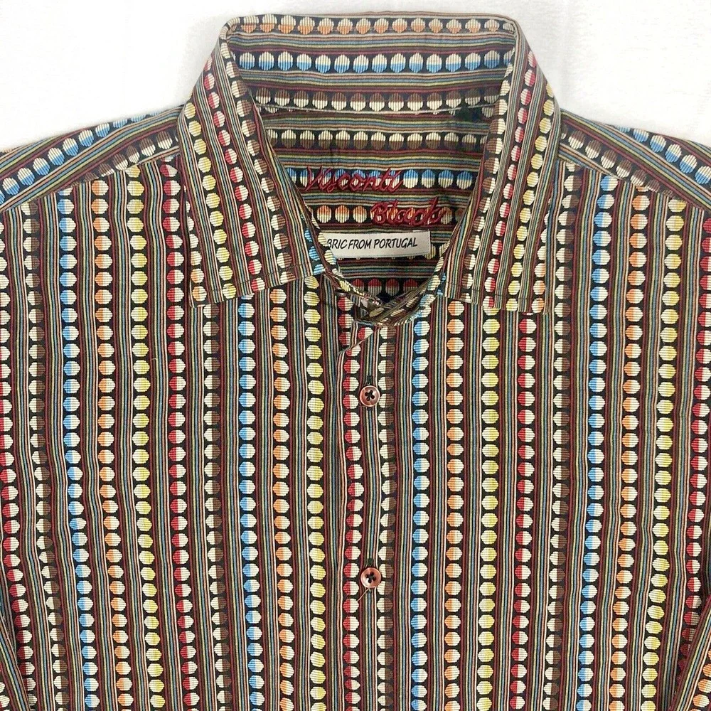 Visconti Black Shirt Mens MED Striped Multicolor Button Up Long Sleeve Geometric